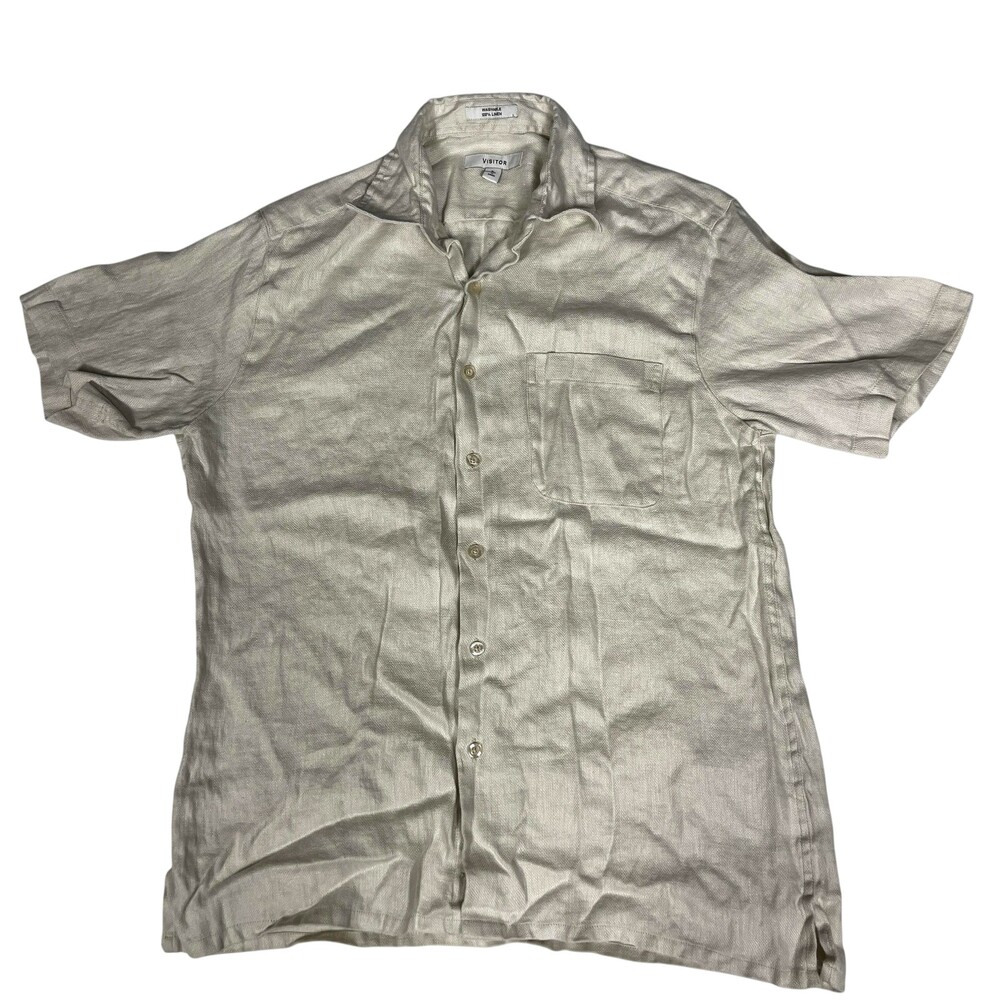 Visitor Shirt Mens Large Beige 100% Linen Short Sleeve Button Up Pocket Casual